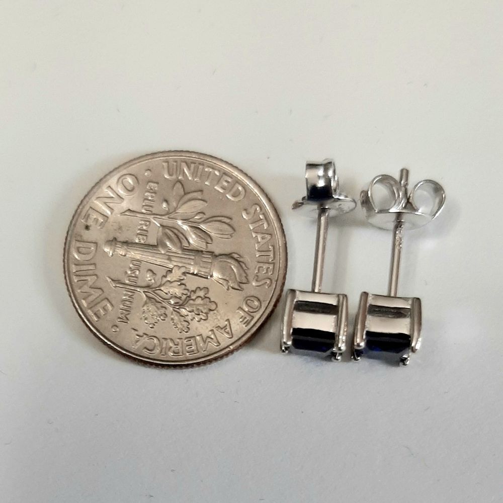 Created Sapphire Princess Cut Earrings 4mm Sterling Silver - Picture 5 of 5